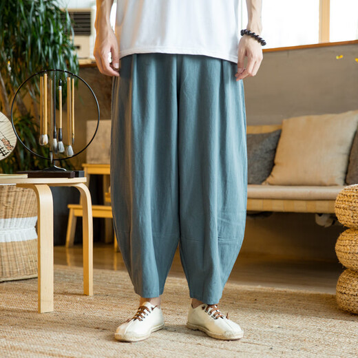 ACLOSMIL春夏新款中国风男士棉麻潮流阔腿裤大码纯色时尚亚麻休闲哈伦裤 黑色 5XL