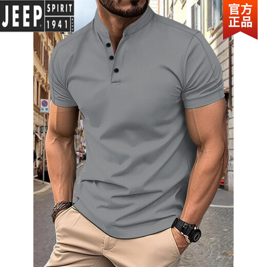 Jeep Spirit Plus Size 300 Jin [Jin equivale a 0.5 kg] Camiseta de manga corta Simple Slim Camiseta Henry Henry Collar Polo Top Botón Mhaki M