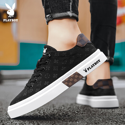 Playboy (PLAYBOY) men's shoes 2025 summer canvas shoes men's breathable board shoes ice silk casual sneakers black 42
