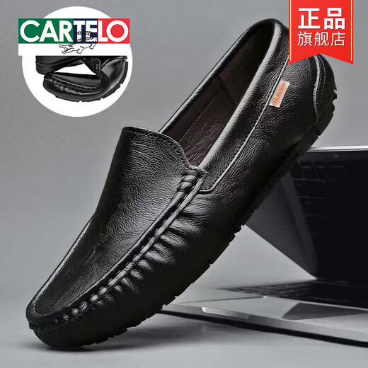 Cartelo Herrenschuhe Frühlings- und Herbst neue Herren Beanie Schuhe Herren echtes Leder Soft Sohle Faulpelschuhe Jugendlederschuhe 9901 Schwarz (Loch) 41