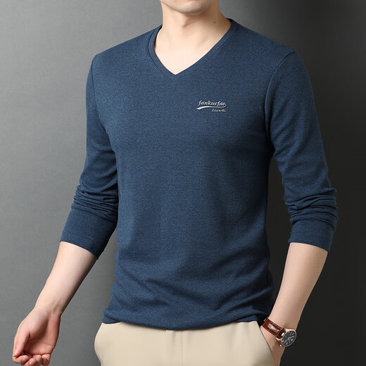 Woodpecker T-shirt for men middle-aged autumn V-neck men long-sleeved T-shirt for men chicken heart collar spring cotton solid color autumn men's top base R9863 black gray M 165100-120Jin [Jin equals 0.5 kg]