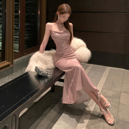 Die Nis Nightclub, famous lady elegant slim neckless long skirt, slim-fitting suspender fishtail banquet dress, pink L (105-115Jin[Jin equals 0.5 kg])