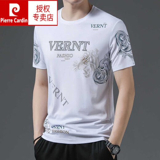 Pierre cardin summer new ice silk short-sleeved T-shirt for men's round neck print trendy thin top half-sleeved T-shirt White 719 M 165 [recommended 100-120 Jin [Jin equals 0.5 kg]]