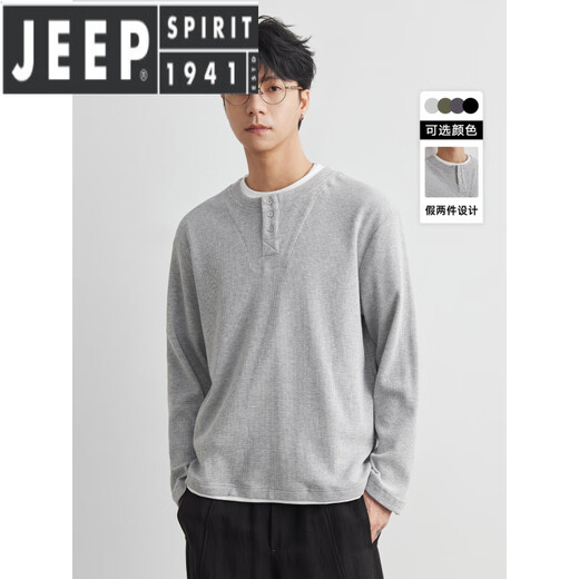 JEEP SPIRIT light luxury fake two-piece long-sleeved shirt for men in spring and autumn American fashion brand loose Henry collar bottoming shirt top floral gray S