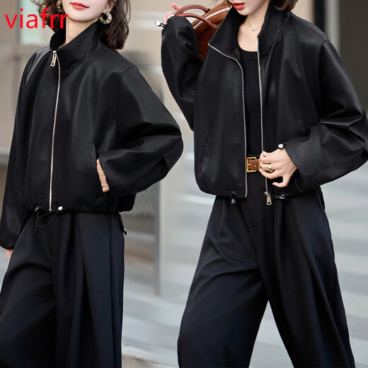 VIAFRR安哥拉小皮衣外套女2025春秋新款高级感通勤减龄小个子机车服夹克 黑色 M （80-110斤）