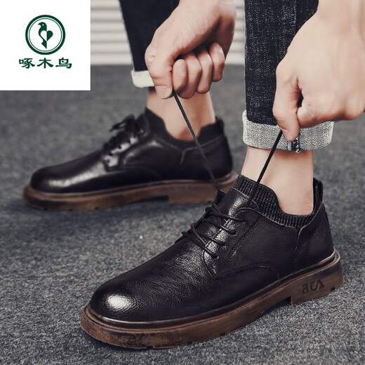 Woodpecker Casual Lederschuhe Britische Business Formale Wear Herrenschuhe 2025 Frühlings- und Herbst neuer trendiger vielseitiger Retro -Socken echte Leder -Freizeitschuhe Schwarz (9920) 39