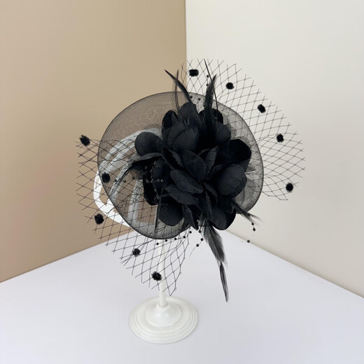 Giselen Hepburn style hat French niche Hepburn style top hat trendy front hat with veil hat Black with one-line clip