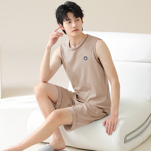 睡衣男夏季纯棉无袖背心夏天青少年大码男士薄款休闲家居服套装 YDY13658 L 码（推荐100-120斤）