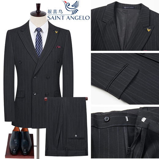 Angel Bird Double-breasted Suit Men's High-End Wool Wedding Dress Peaked Collar Business Professional Suit 995 Black Striped Double-breasted Suit + Pair of Pants 56 190/Recommended 180-200Jin Jin is equal to 0.5 kg