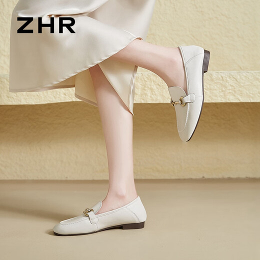 ZHR loafers women's spring and autumn commuting style flat-sole leather shoes women's soft-faced single shoes women AH653 beige 39