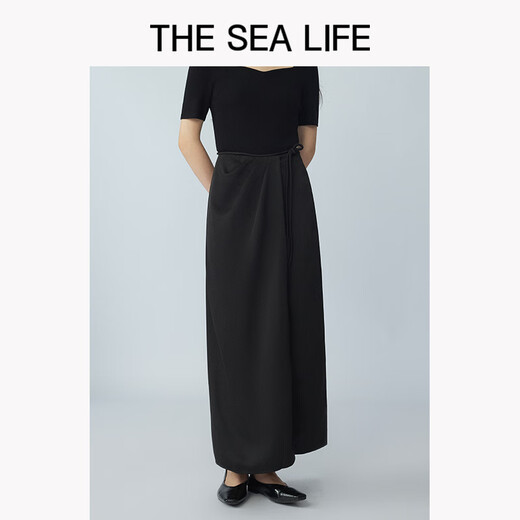 THE SEA LIFE半裙女欧海一生 冰丝半身裙2025春开衩松紧腰黑色长裙XC15265 黑法师 L