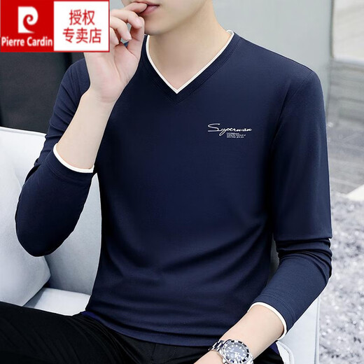 Pierre Cardin spring and autumn long-sleeved T-shirt men's pure cotton v-neck casual versatile youth slim autumn outer wear sweetheart collar bottoming shirt black YP-C4033 M