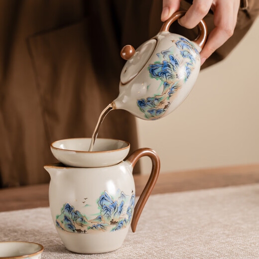 Porcelain brand tea set Ru kiln Qianli Jiangshan Kung Fu tea set with openable slices porcelain Xishi pot Festival housewarming gifts for elders