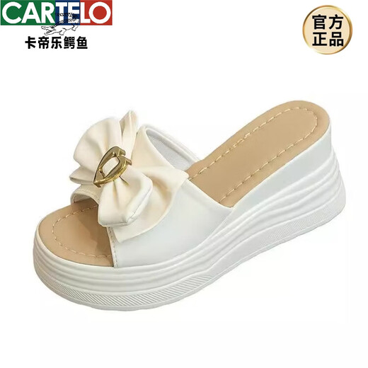 卡帝乐鳄鱼（CARTELO）高跟拖鞋女夏厚底外穿时尚仙女风坡跟一字拖百搭蝴蝶结松糕凉拖鞋 黑色 37