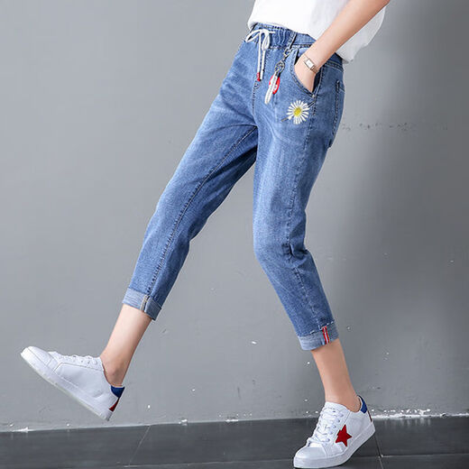 
Light Elephant waist jeans for women 7-point 2025 summer new loose high waist large size slimming nine-point harem pants 3527# light blue nine-point 26