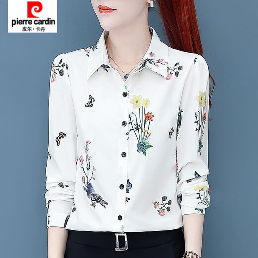 皮尔卡丹（pierre cardin）印花衬衫女长袖春秋装新款洋气雪纺衬衣中妈妈减龄百搭洋气上衣 LRJ 3519 大红 M (建议90-100斤)