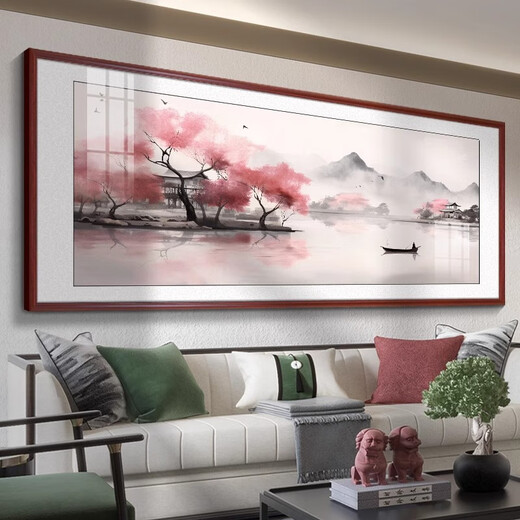Linyu living room hanging painting landscape landscape painting new Chinese style sofa background wall decoration painting tea room office mural ink painting Xianshanfudi-F style 150*60cm teak color solid wood frame texture matte oil canvas style