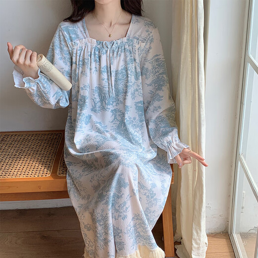 梦鸾带胸垫睡裙女款春秋季甜美长袖郁金香睡衣碎花宽松大码夏天家居服 1105 水墨花 M