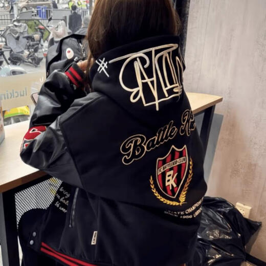 Luyal American trendy heavy-duty embroidered PU leather splicing jacket for men and women in autumn and winter thickened baseball uniform jacket high street tops black XL