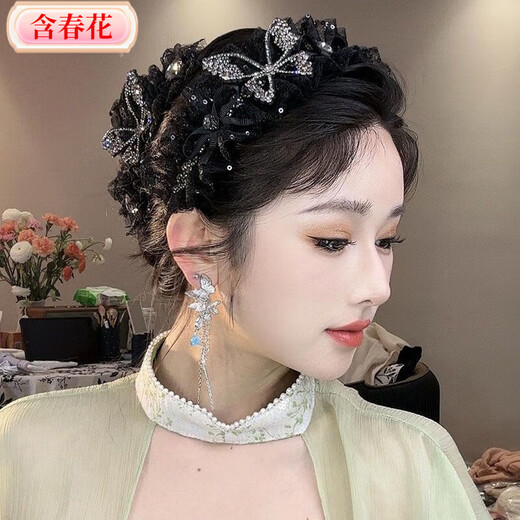 Containing spring flowers, elegant and versatile headband, Korean style black butterfly, exquisite and fashionable, full of diamonds, high skull pleated headband, pleated headband#