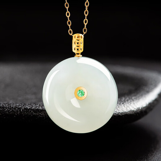 Jincuixi luxury high-end women's 18K gold inlaid necklace old material Hetian jade green and white jade safety buckle square jade pendant Hetian white jade safety buckle skin-friendly lanyard (size 45cm