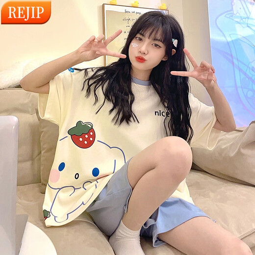 REJIP女夏短袖睡衣2025年新款可外穿胖mm大码200斤可爱网红家居服套装 684 5XL