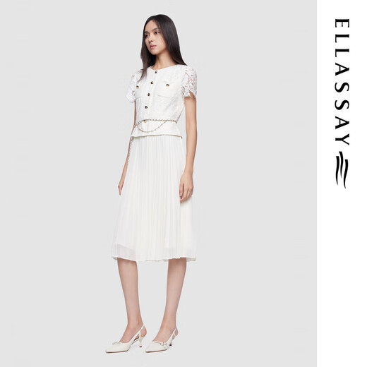 歌力思（ELLASSAY）2025夏季新款棉舒适异质拼接气质简约系蕾丝连衣裙女EWD362Y12200 纯净白 L
