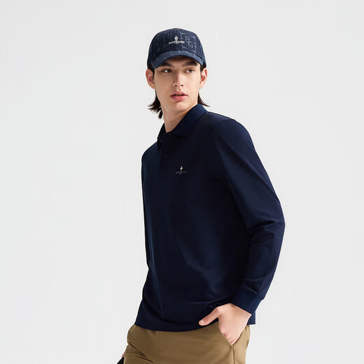 Biyinlefen functional cotton spring and autumn men's commuter lapel long-sleeved polo shirt light business skin-friendly casual fashion top 25 navy blue 2XL (115)