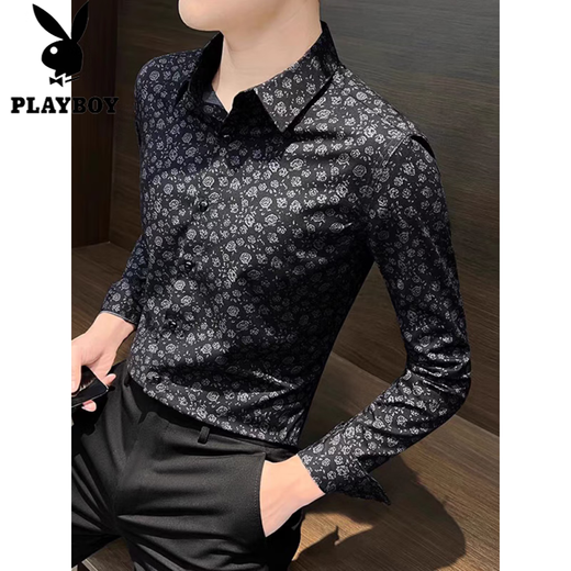 Playboy (PLAYBOY) long-sleeved shirt men's print autumn new style non-iron anti-wrinkle slim light luxury men's casual floral handsome shirt 291 black L 105-125Jin Jin equals 0.5 kg
