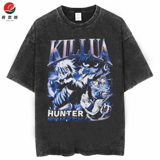 爵思朗动漫全职猎人hunter x hunter复古做旧夏季棉水洗短袖t恤男女 水洗黑B1278 S