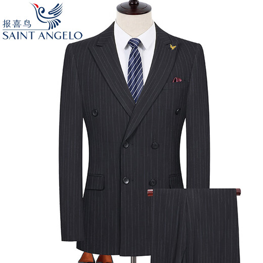Angel Bird Double-breasted Suit Men's High-End Wool Wedding Dress Peaked Collar Business Professional Suit 995 Black Striped Double-breasted Suit + Pair of Pants 56 190/Recommended 180-200Jin Jin is equal to 0.5 kg