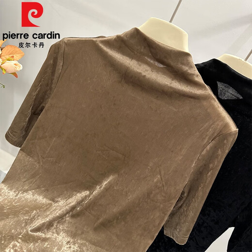 
Pierre cardin European products early autumn 2025 new gold velvet quarter-sleeved T-shirt for women's top temperament half-high collar inner base shirt trendy brown S