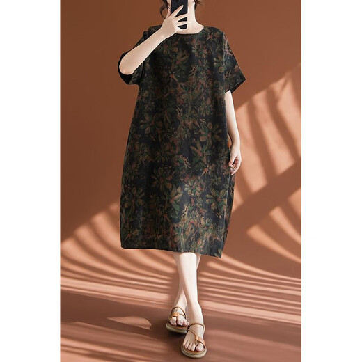 
Jiandang large-size women's clothing fat MM spring and summer retro style literary and ethnic casual mid-length loose dress 9230 color average size [185Jin[Jin equals 0.5 kg] below]