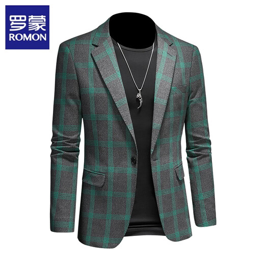 Romon European and American casual blazer men's new large size casual suit suit slim and handsome plaid gray green S