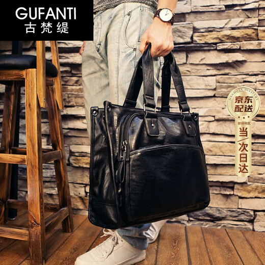 GUFANTI genuine leather briefcase men's first-layer cowhide portable business briefcase men's shoulder official document bag Father's Day gift black large size genuine first-layer cowhide large bag 16 inches