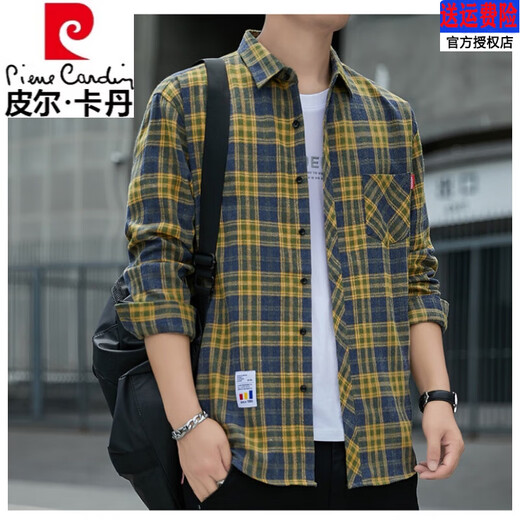 Pierre Cardin 2025 spring and autumn pure cotton shirt men's long-sleeved youth plaid cotton non-iron shirt trendy brand loose casual jacket 2111 green and yellow plaid recommended 125-145Jin Jin equals 0.5 kg XL
