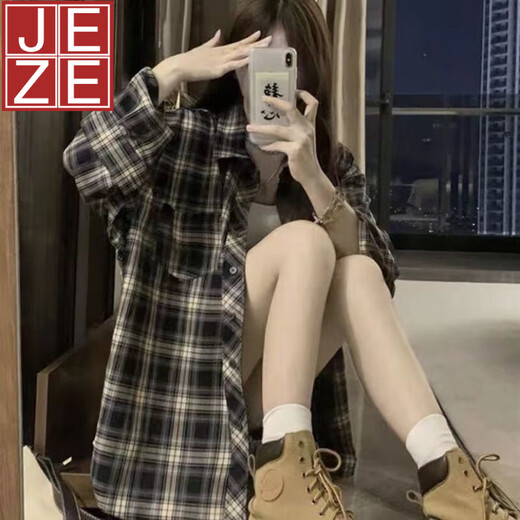 JEZE【棉质材质】韩版藏青色格子衬衫设计感长袖上衣女开衫春薄款宽松 宝蓝色16799-高品质格纹【z】 M