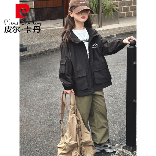皮尔卡丹（pierre cardin）女童冲锋衣2025秋冬新款三合一户外露营防风外套女孩登山连帽夹克 夹棉黑冲锋衣826 160 cm