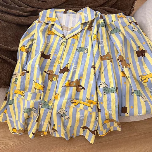 Wanmanduo Internet Promi Cartoon Dachshund Hund Pyjamas für Frauen im Frühling und Herbst langärmelte 2025 neue süße und niedliche Streifen-Strickjacke Hauskleidung 9274# Doppelte lang gestreifte Kaninchen M 75-100jin [Jin gleich 0,5 kg]