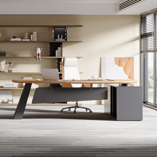 FEILUOKE solid wood modern simple cashew nut-shaped computer office boss manager desk and chair combination new creative design desk 2.0m big leaf pine desktop + Xipi office chair