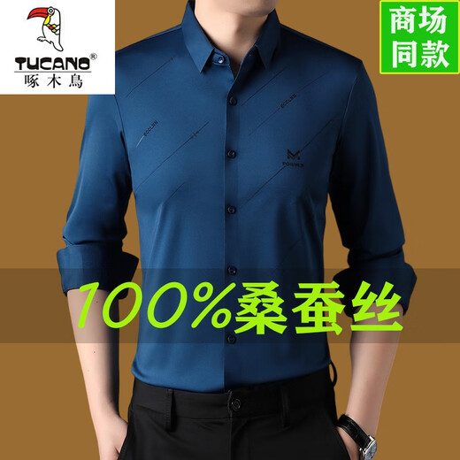 Woodpecker Mulberry Silk non transparente Chemise à manches longues pour hommes à manches longues et à l'automne New Business and Casual Not-Fird Agence Men's Shangqing 9866 printemps et automne xl 175