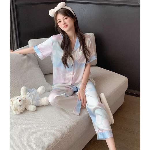 港莲娅冰丝睡衣女夏季薄款感短袖长裤三件套休闲宽松网红家居服外穿 l9214短袖短裤 M  建议80-100斤