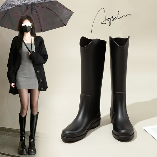 奥古狮登雨鞋女士2025新款网红水鞋女防水防滑小个子不过膝长筒靴雨靴 82T1098M黑色 39