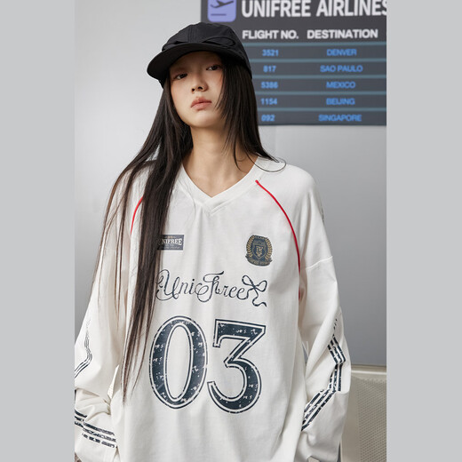 UNIFREE celebrity style American V-neck long-sleeved T-shirt trendy brand sports off-shoulder loose jersey white M