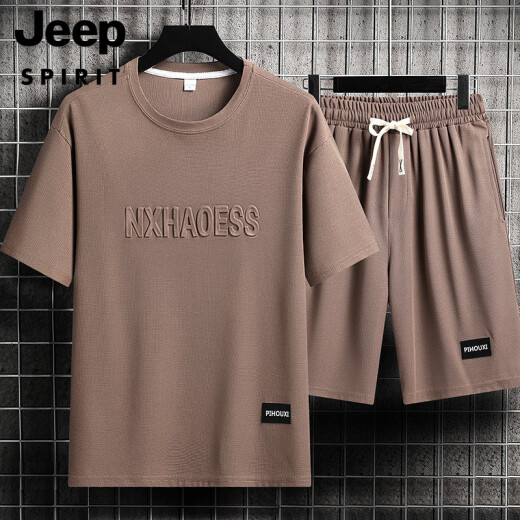JEEP SPIRIT男士夏季套装青少年短袖t恤薄款冰丝两件套休闲运动服五分短裤子 套装-TZ829卡其【上衣+裤子】 XL 建议130-145斤