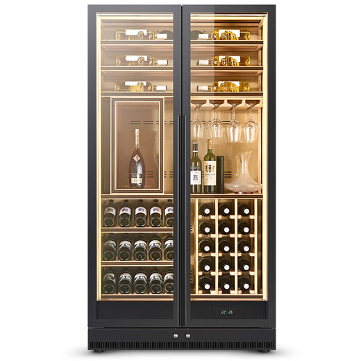 Qielong 808W red wine cabinet double-door constant temperature moisturizing ultra-thin insertable air-cooled frost-free compressor wine cabinet office home liquor and wine refrigerated display 808W obsidian black + beech wood shelf + stainless steel cabinet