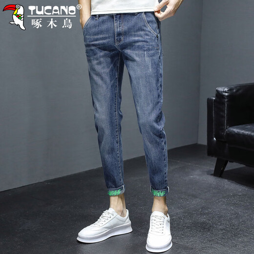 Specht (Tucano) Jeans Hosen Hosen Herren Frühling und Sommer Schlankes lässig kleine Füße geschnittene Hosen Männer Elastische trendige Herrenhosen blau grau 32