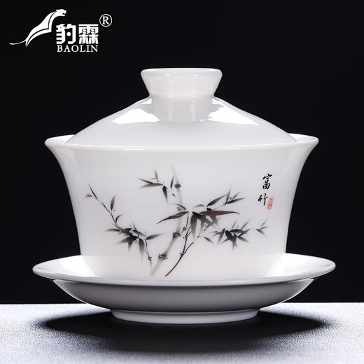 Baolin hovering large tureen suet jade three-cup lid tea bowl tea set single high-end white porcelain hand-held teapot 280ML-large hovering tureen-mutton-fat jade-Fuzhu