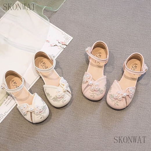 SKONWAT女童汉服鞋夏季国风鞋春秋儿童配马面裙鞋子中式绣花鞋古风童鞋 米色 33码内长20.6cm
