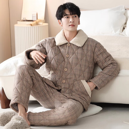 莫代尔睡衣男士冬季三层加厚加绒纯棉夹棉秋冬保暖冬天家居服套装 3886 XL (175码)建议穿着体重140-160